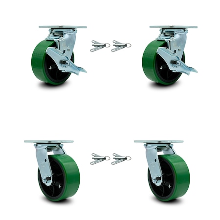 Service Caster 5 Inch Green Poly on Steel Caster Set with Roller Bearings 4 Swivel Lock 2 Brake SCC-30CS520-PUR-GB-TLB-BSL-2-BSL-2